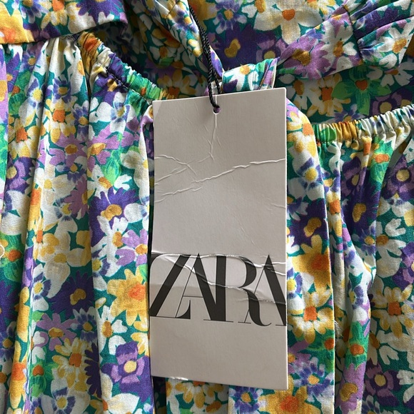 NWT Zara Floral Mini Dress Bow Tie Back Ruched Spaghetti Straps - Picture 7 of 8